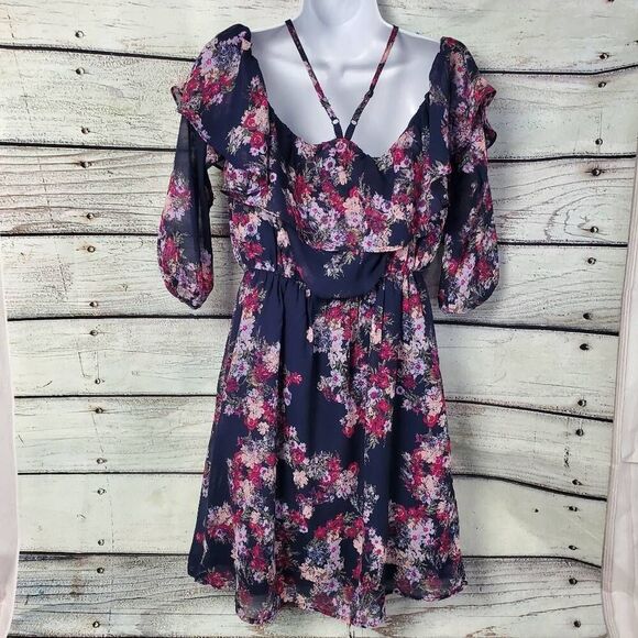 Maurices Women’s S Floral Cold Shoulder Dress Navy Pink Ruffle Off Shoulder Halt - Picture 6 of 12